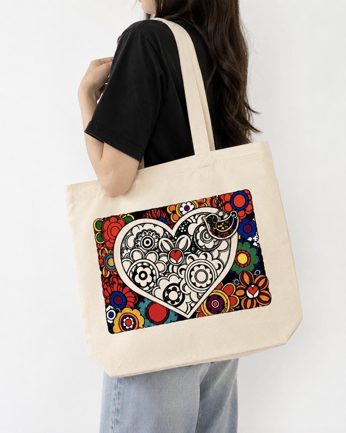 Colorful Heart Canvas Tote Bag – Floral Folk Art Cotton Tote | Boho Love Graphic Reusable Shopping Bag
