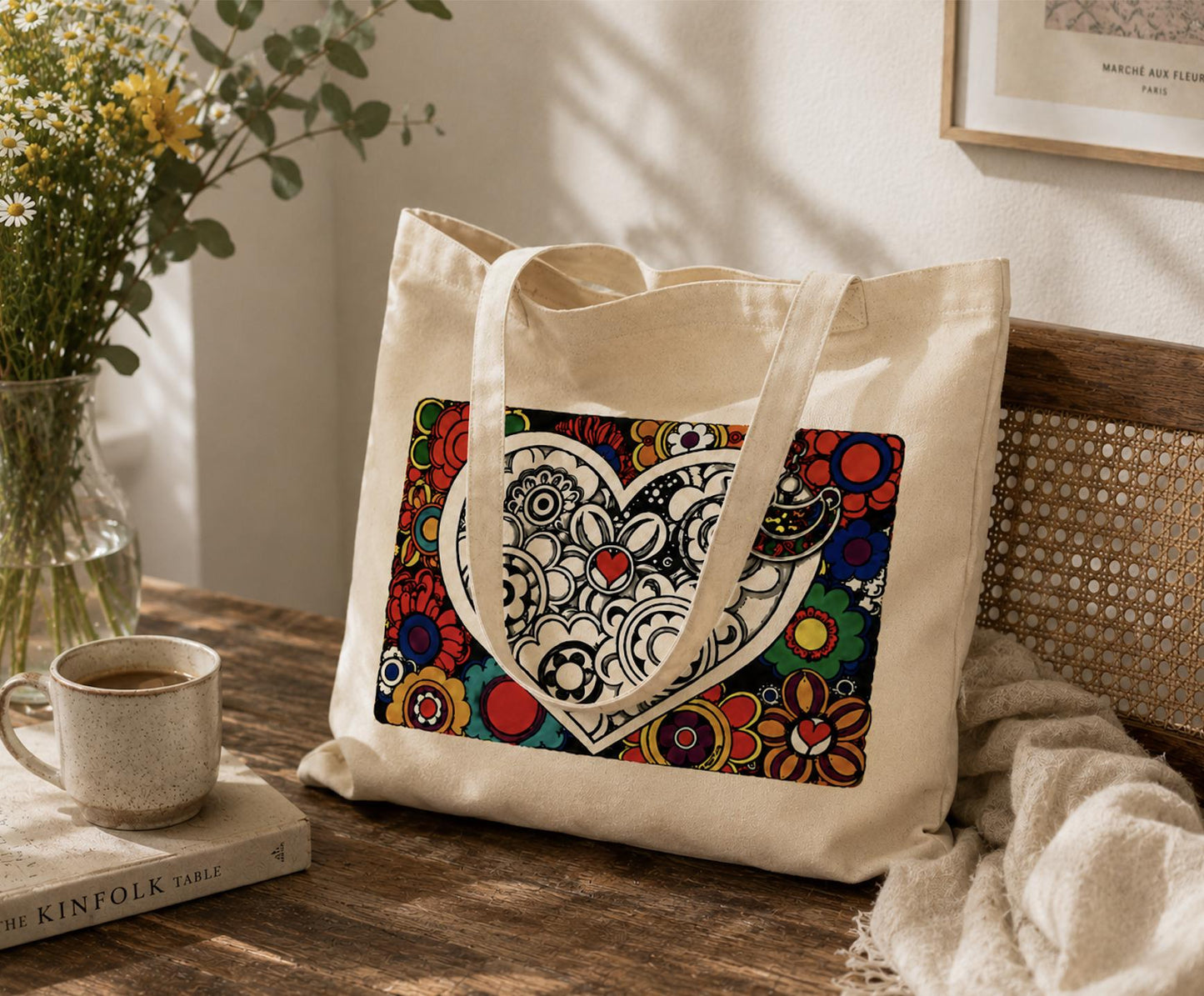 Colorful Heart Canvas Tote Bag – Floral Folk Art Cotton Tote | Boho Love Graphic Reusable Shopping Bag