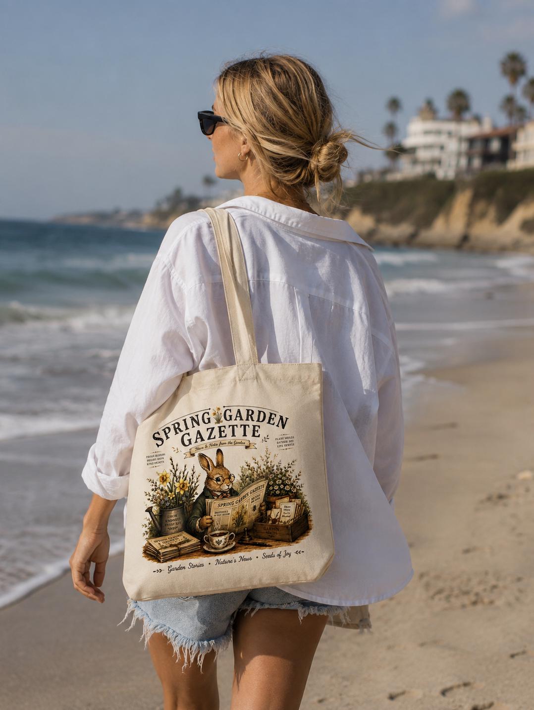 Spring Garden Gazette Canvas Tote Bag, Rabbit Garden Tote, Cottagecore Bunny Bag, Gardener Gift, Botanical Canvas Tote, Book Lover Gift