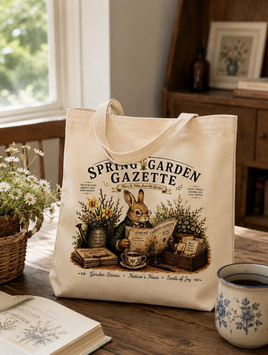 Spring Garden Gazette Canvas Tote Bag, Rabbit Garden Tote, Cottagecore Bunny Bag, Gardener Gift, Botanical Canvas Tote, Book Lover Gift