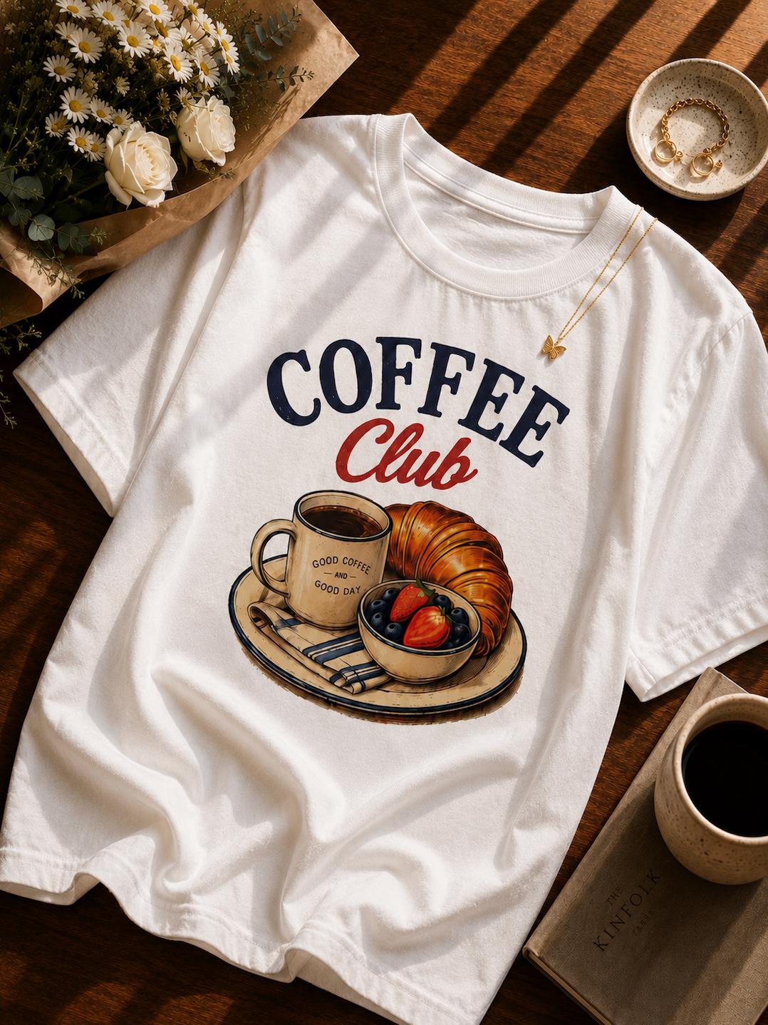 Coffee Club Graphic T-Shirt | Vintage Coffee & Croissant Tee | Brunch Lover Unisex Shirt | Café Foodie Graphic Tee