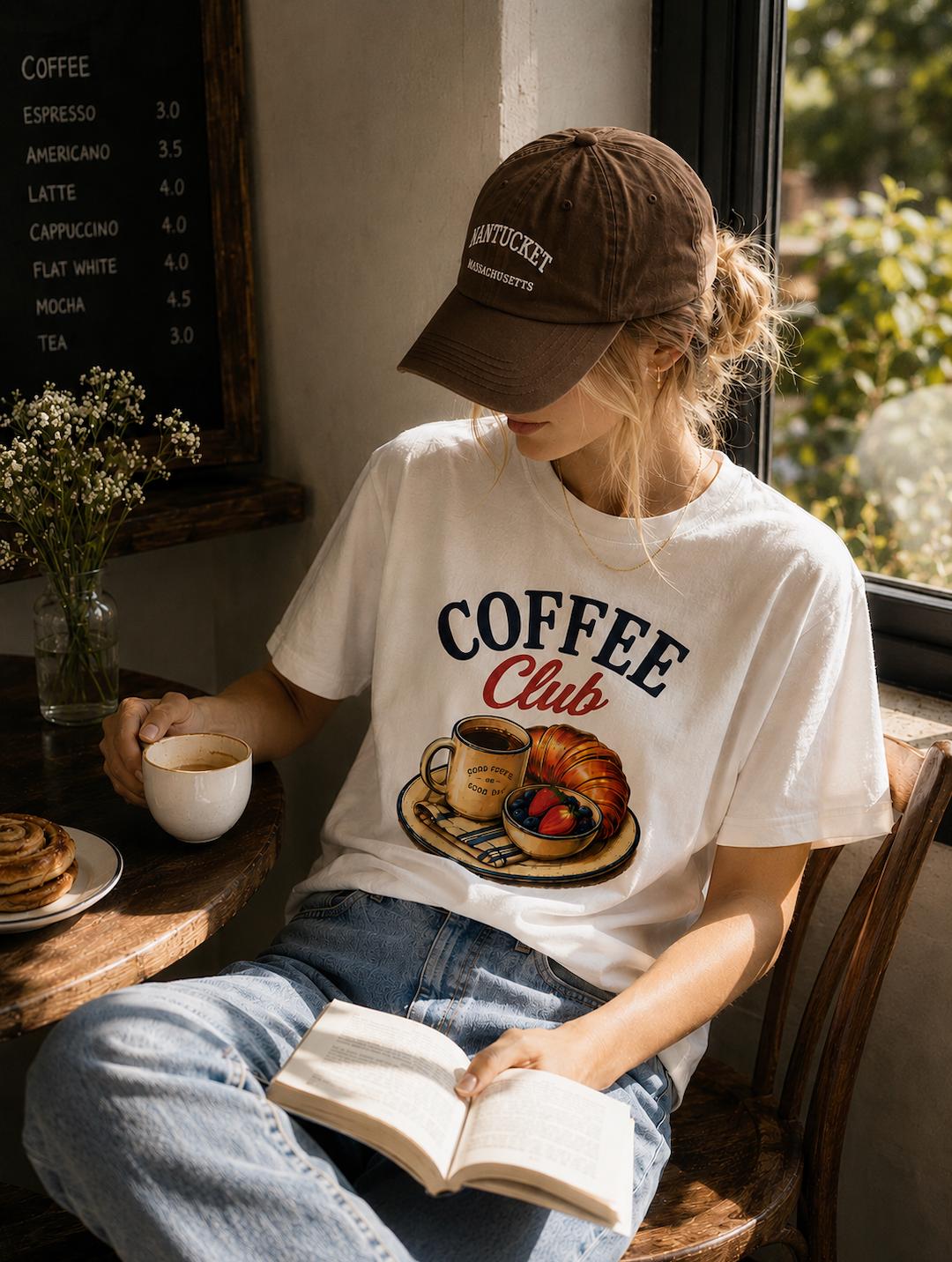 Coffee Club Graphic T-Shirt | Vintage Coffee & Croissant Tee | Brunch Lover Unisex Shirt | Café Foodie Graphic Tee