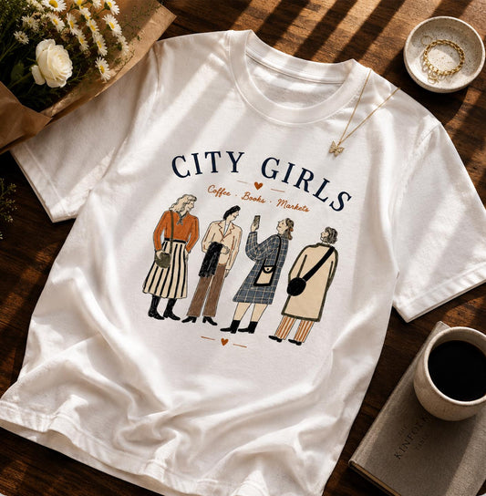 City Girls Graphic T-Shirt | Coffee Books Markets Tee | Vintage Bookish Shirt for Women | Unisex Graphic Tee