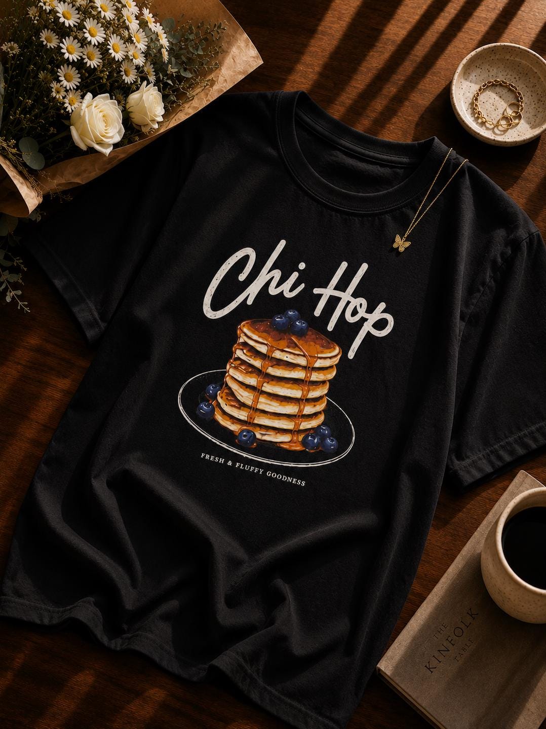 Vintage Pancake Graphic T-Shirt | Chi Hop Blueberry Pancakes Breakfast Tee | Funny Brunch Food Lover Gift | Unisex Cotton Shirt