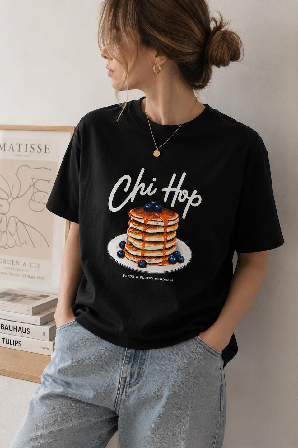 Vintage Pancake Graphic T-Shirt | Chi Hop Blueberry Pancakes Breakfast Tee | Funny Brunch Food Lover Gift | Unisex Cotton Shirt