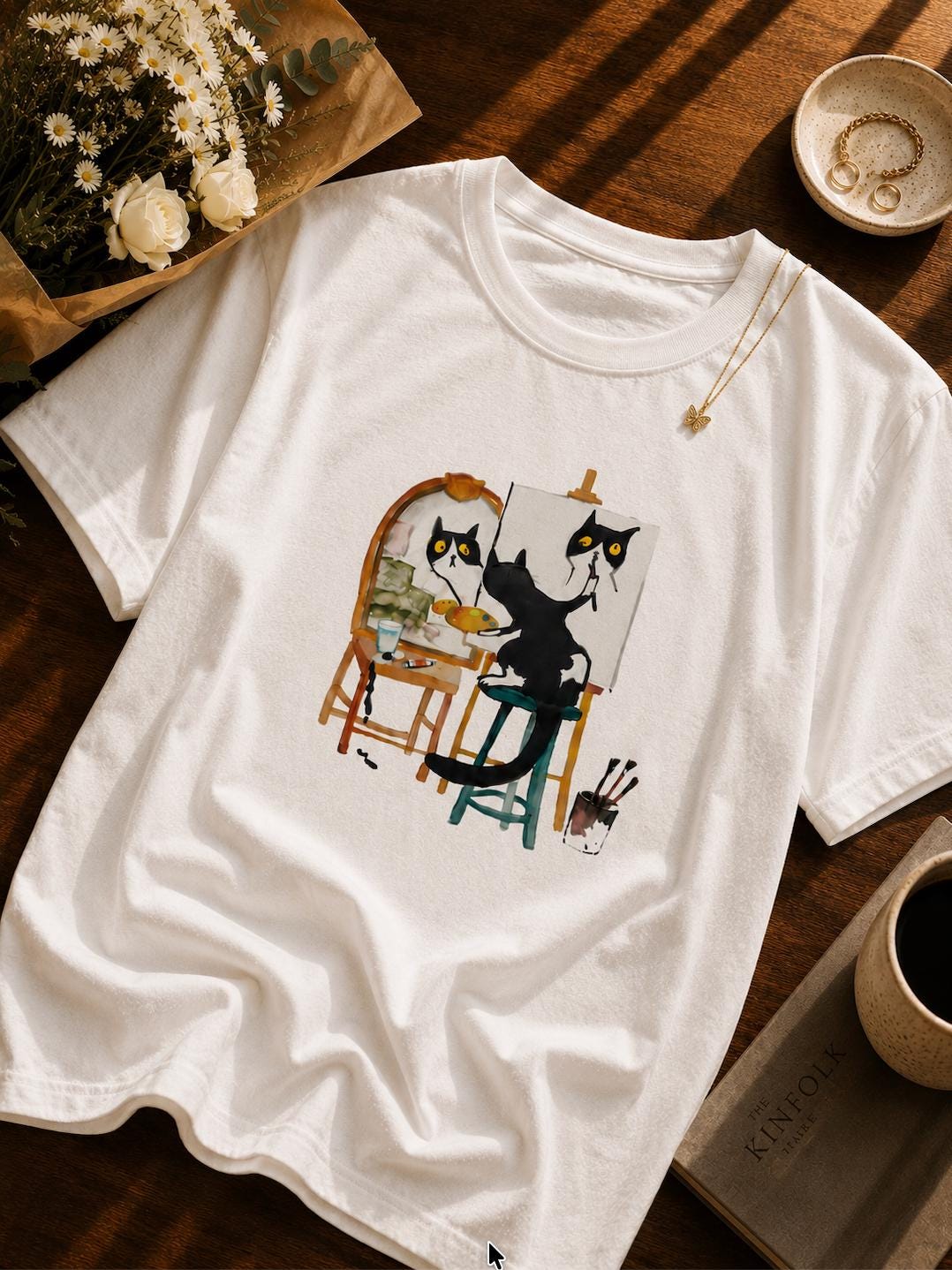 Artist Cat Painting Graphic T-Shirt | Cute Black Cat Painter Unisex Tee