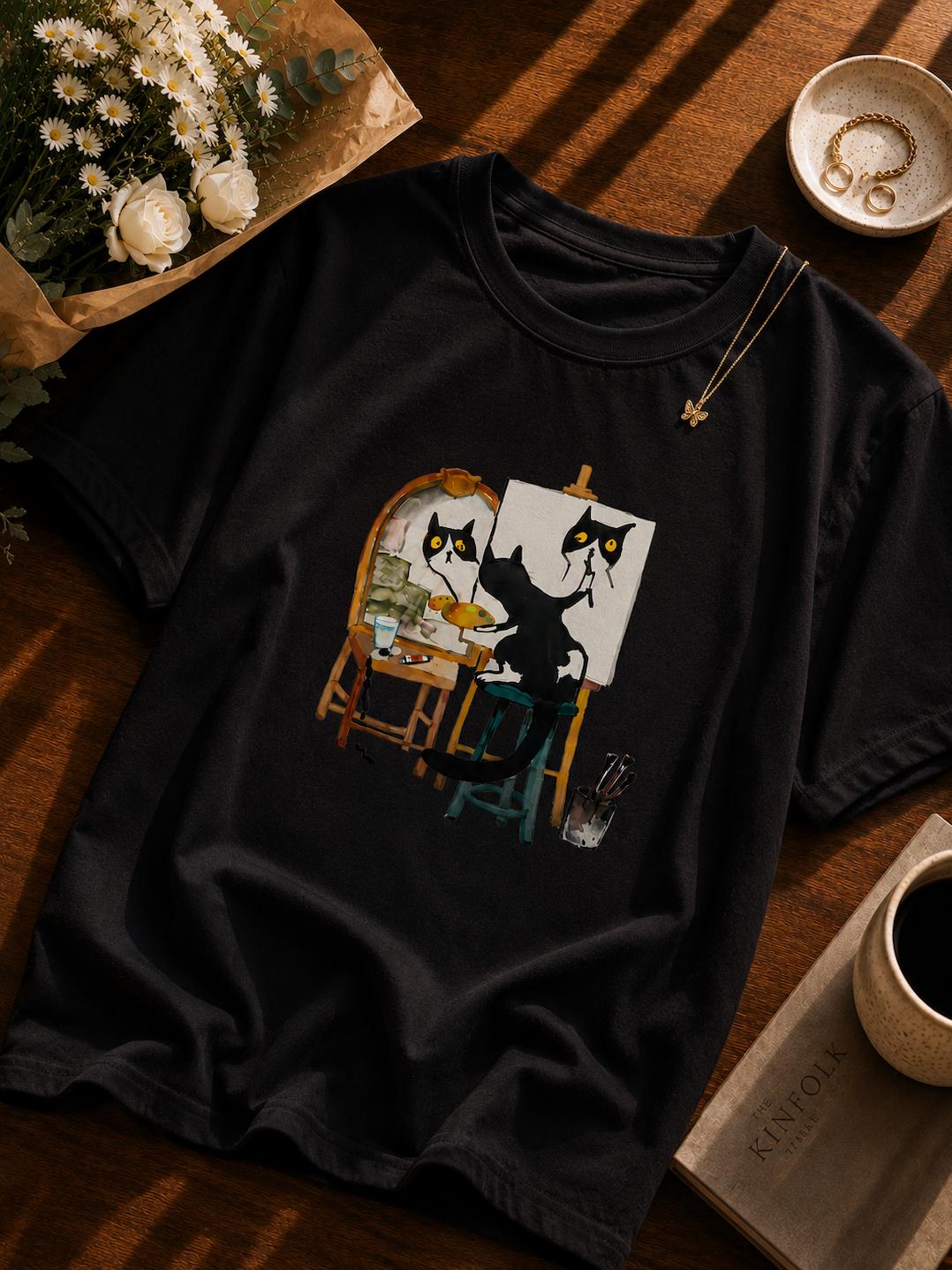 Artist Cat Painting Graphic T-Shirt | Cute Black Cat Painter Unisex Tee
