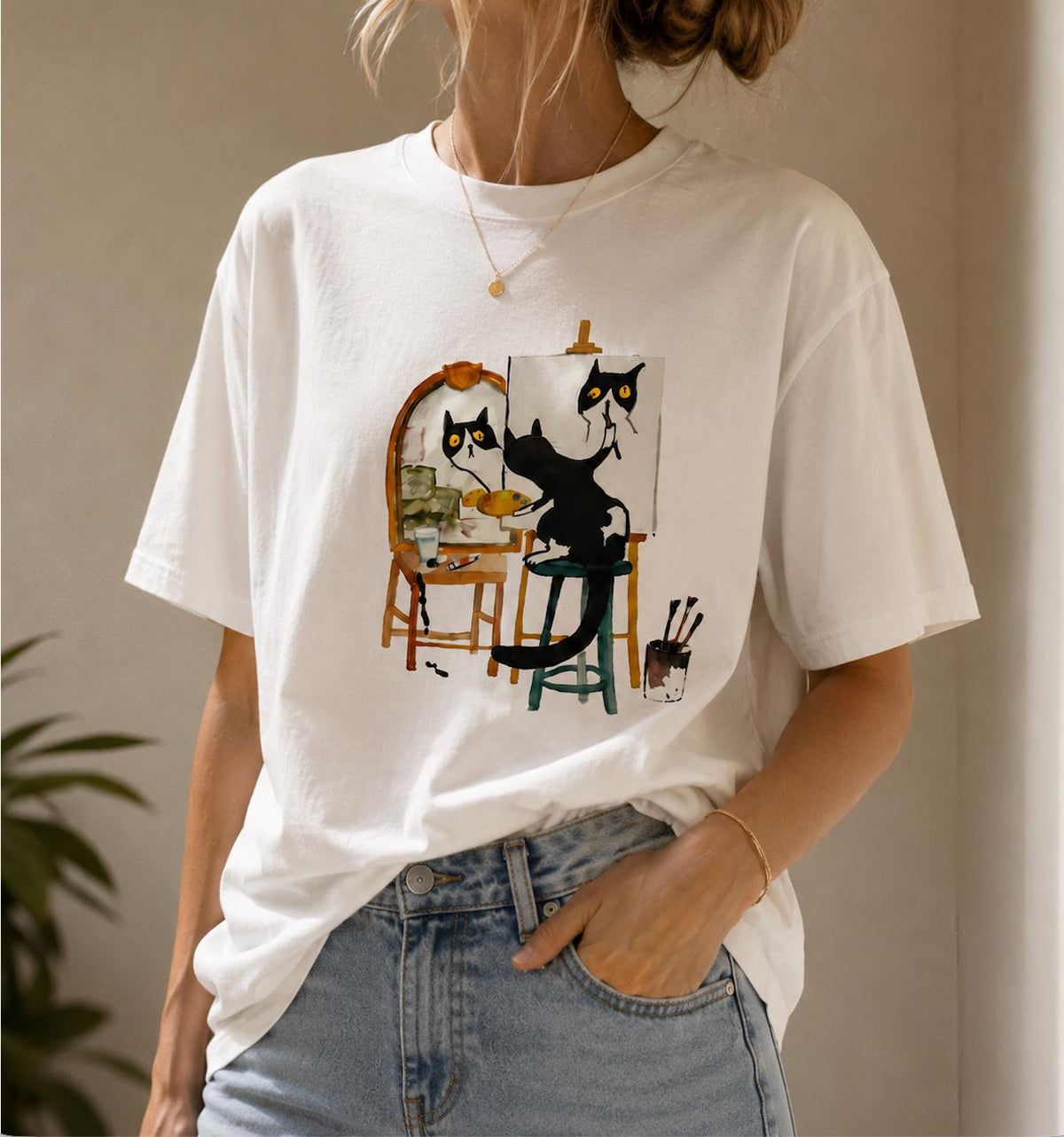 Artist Cat Painting Graphic T-Shirt | Cute Black Cat Painter Unisex Tee