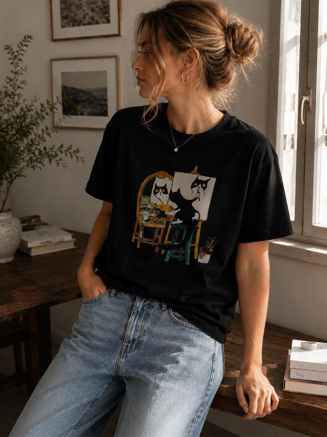 Artist Cat Painting Graphic T-Shirt | Cute Black Cat Painter Unisex Tee