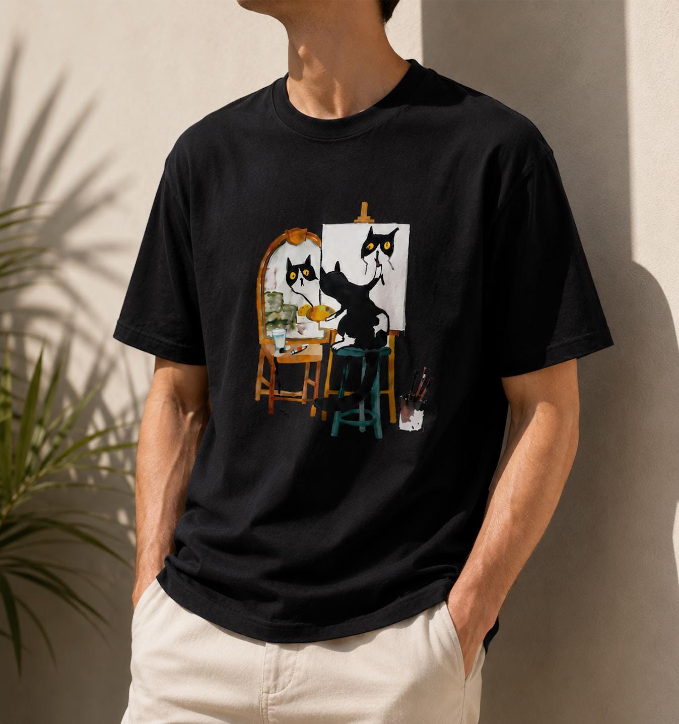 Artist Cat Painting Graphic T-Shirt | Cute Black Cat Painter Unisex Tee