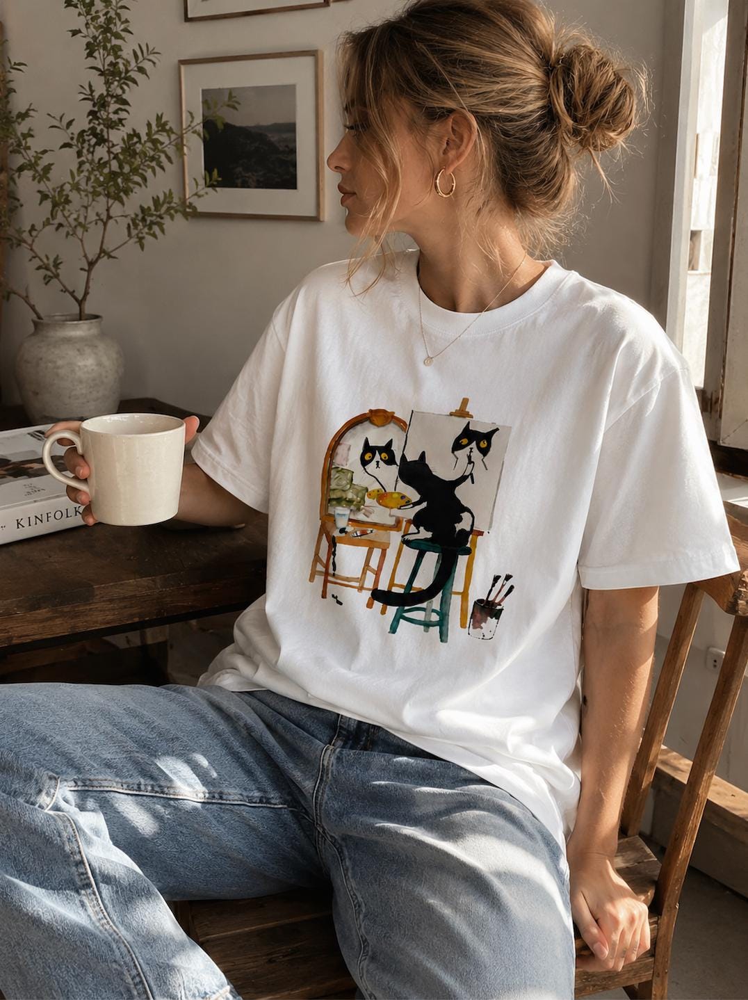 Artist Cat Painting Graphic T-Shirt | Cute Black Cat Painter Unisex Tee