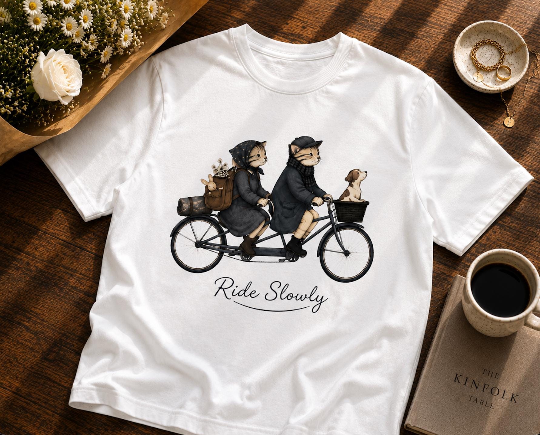 Ride Slowly Cat Bicycle Graphic T-Shirt | Cute Vintage Cat Lover Unisex Tee