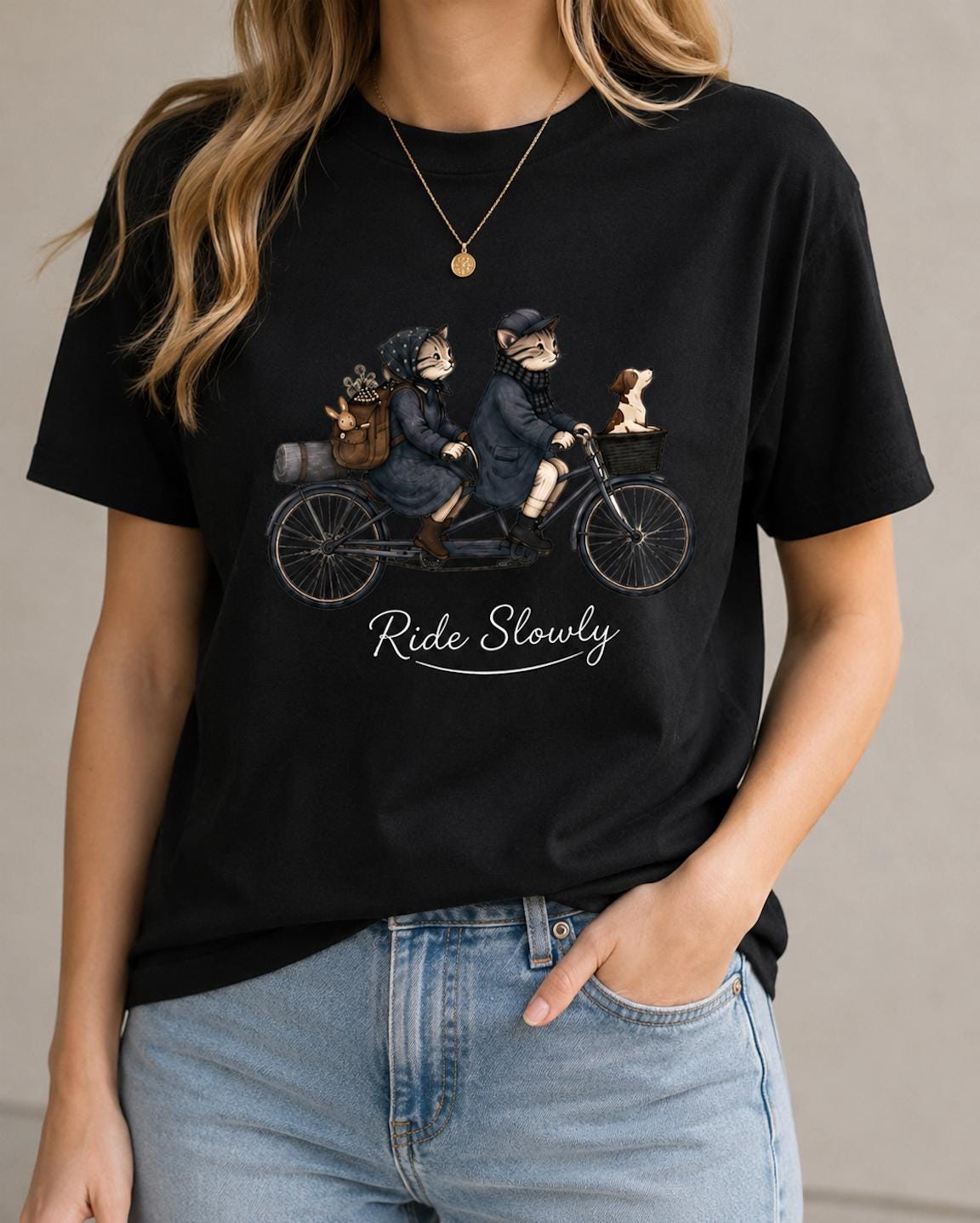 Ride Slowly Cat Bicycle Graphic T-Shirt | Cute Vintage Cat Lover Unisex Tee