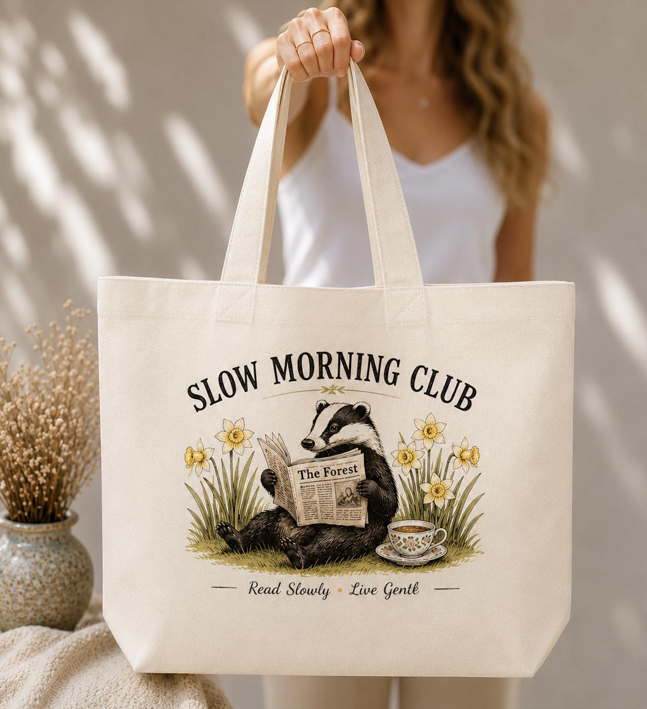 Slow Morning Club Canvas Tote Bag, Reading Badger Book Lover Tote, Cottagecore Book Bag, Nature Market Tote, Eco Cotton Gift for Readers