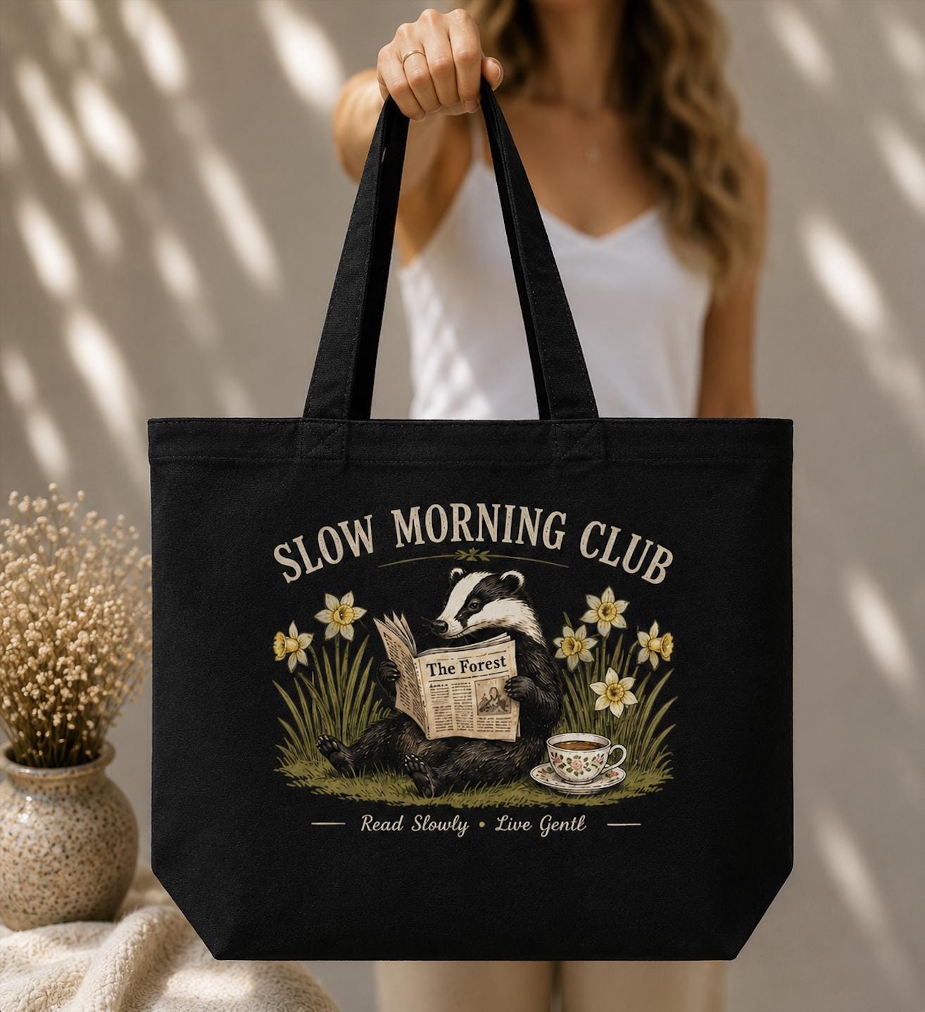 Slow Morning Club Canvas Tote Bag, Reading Badger Book Lover Tote, Cottagecore Book Bag, Nature Market Tote, Eco Cotton Gift for Readers