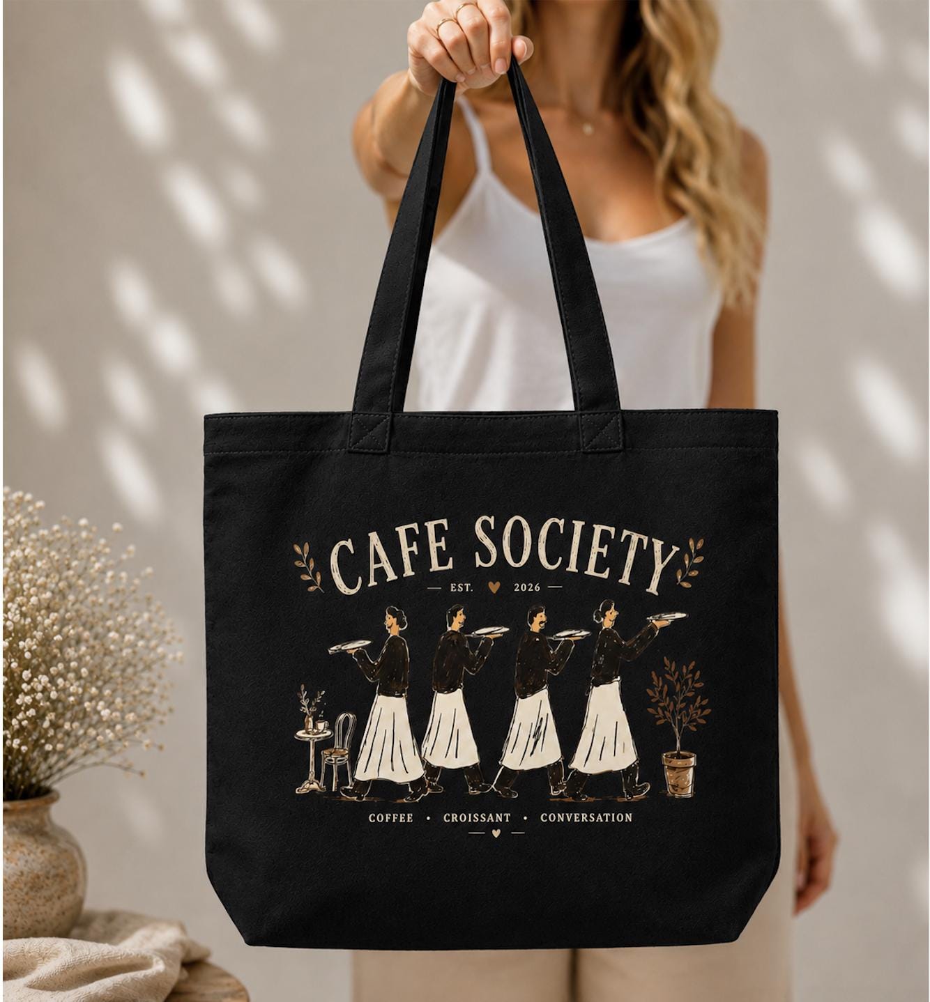 Cafe Society Canvas Tote Bag, Coffee Lover Tote, French Cafe Market Bag, Barista Gift, Croissant Canvas Tote, Minimalist Cotton Shopping Bag