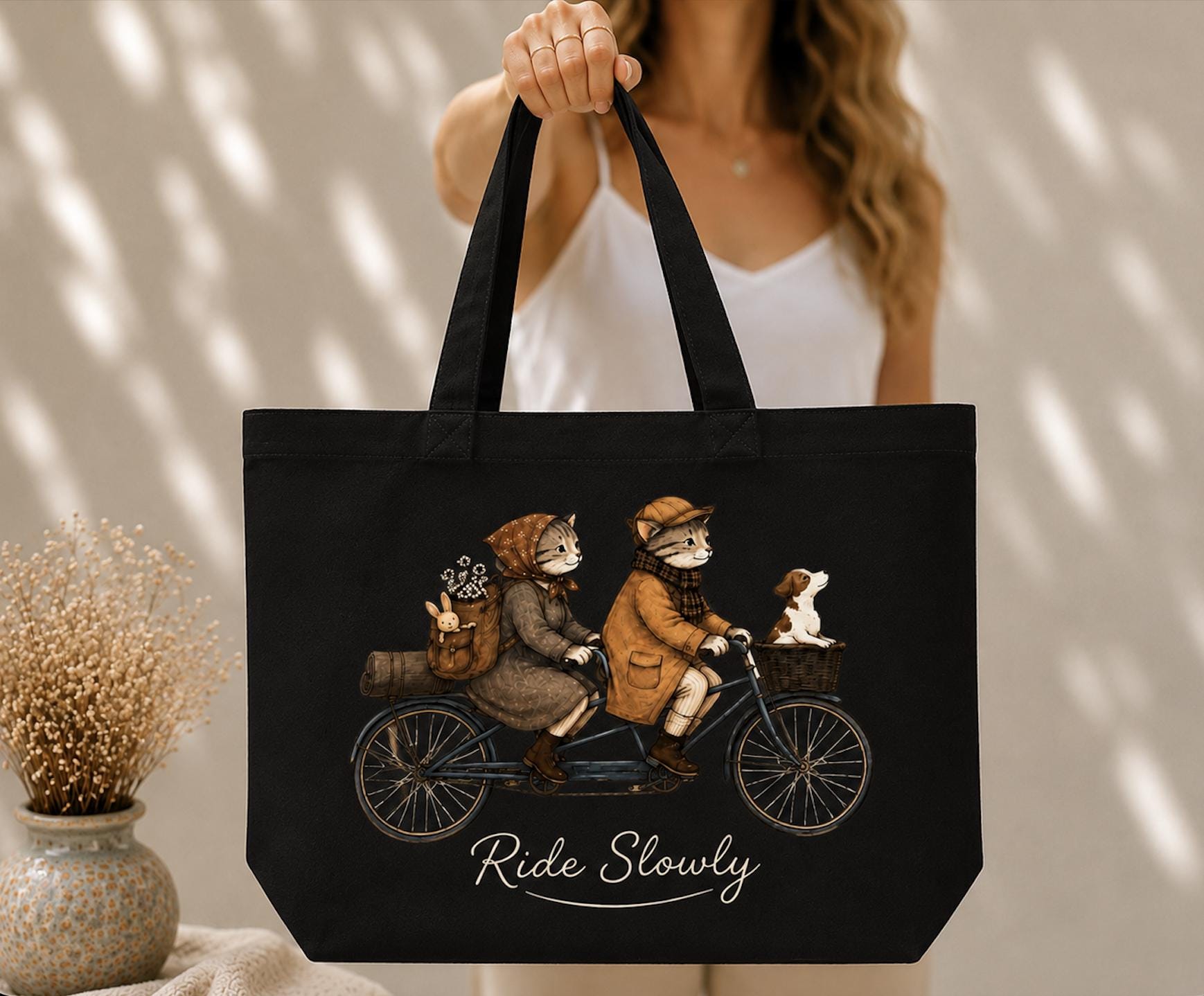 Ride Slowly Canvas Tote Bag, Autumn Cat Bicycle Tote, Cottagecore Cat Lover Bag, Vintage Tandem Bike Market Tote, Cute Animal Gift