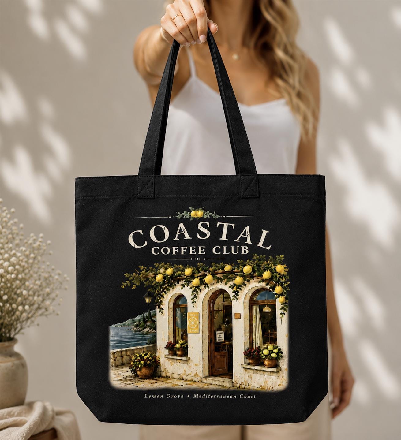 Coastal Coffee Club Canvas Tote Bag, Mediterranean Cafe Tote, Lemon Tree Market Bag, Coastal Cottage Tote, Coffee Lover Gift