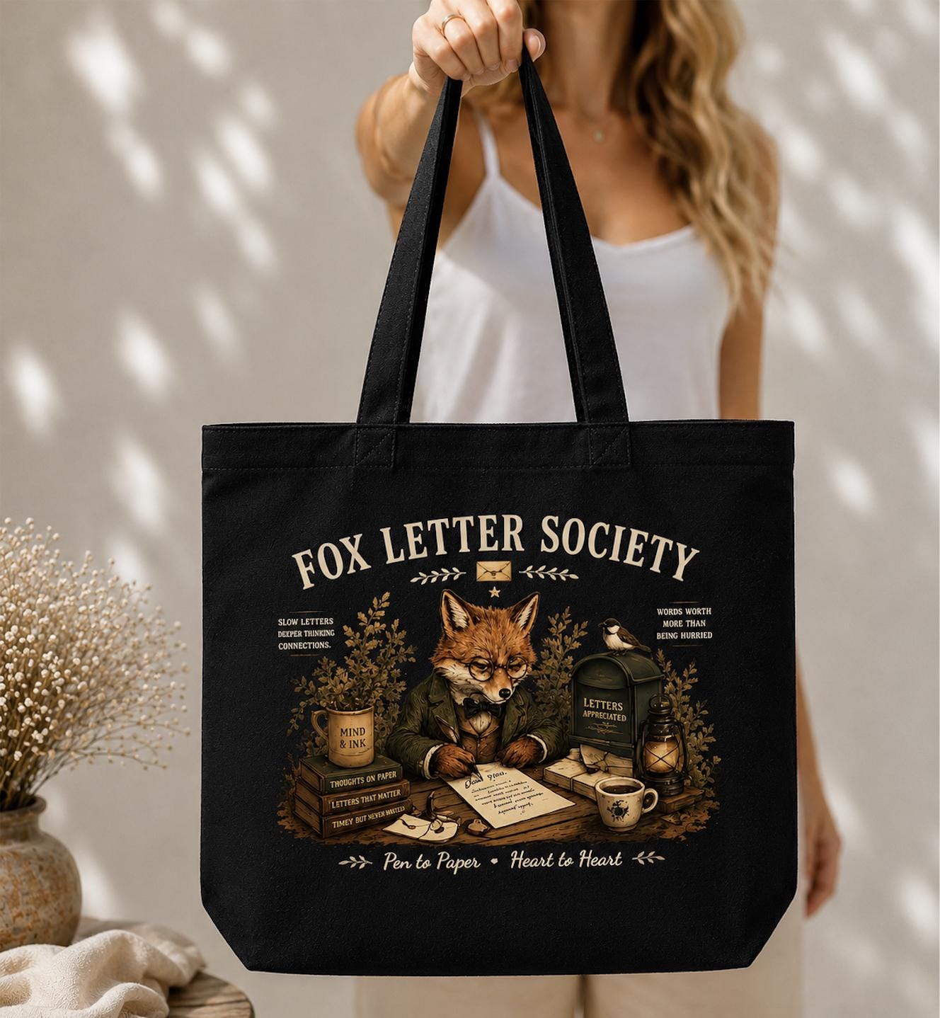 Fox Letter Society Canvas Tote Bag, Pen Pal Gift, Letter Writing Tote, Cottagecore Fox Tote, Stationery Lover Canvas Bag, Writer Gift