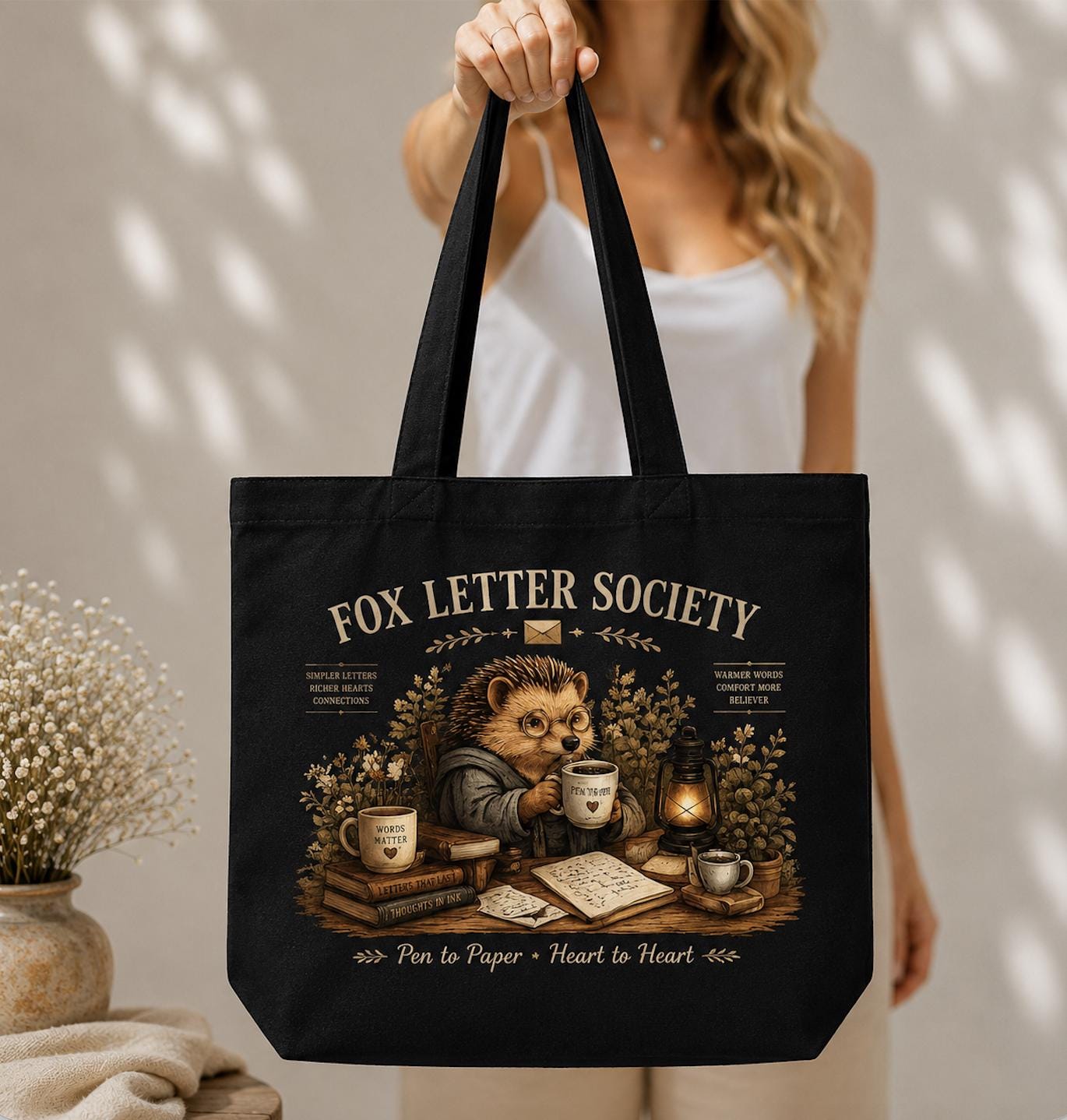 Fox Letter Society Canvas Tote Bag, Hedgehog Stationery Tote, Pen Pal Gift, Journal Lover Canvas Bag, Cottagecore Writer Gift