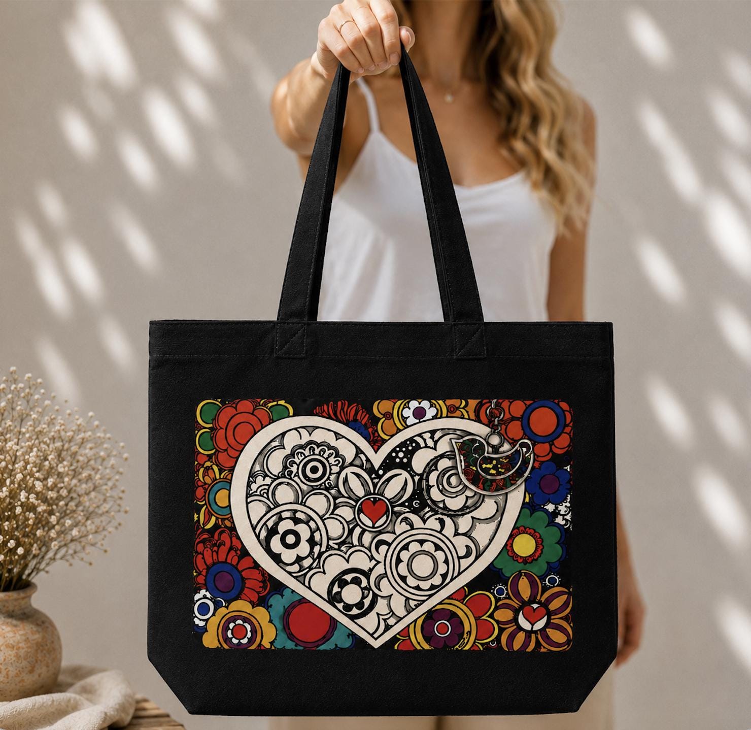 Colorful Heart Canvas Tote Bag – Floral Folk Art Cotton Tote | Boho Love Graphic Reusable Shopping Bag