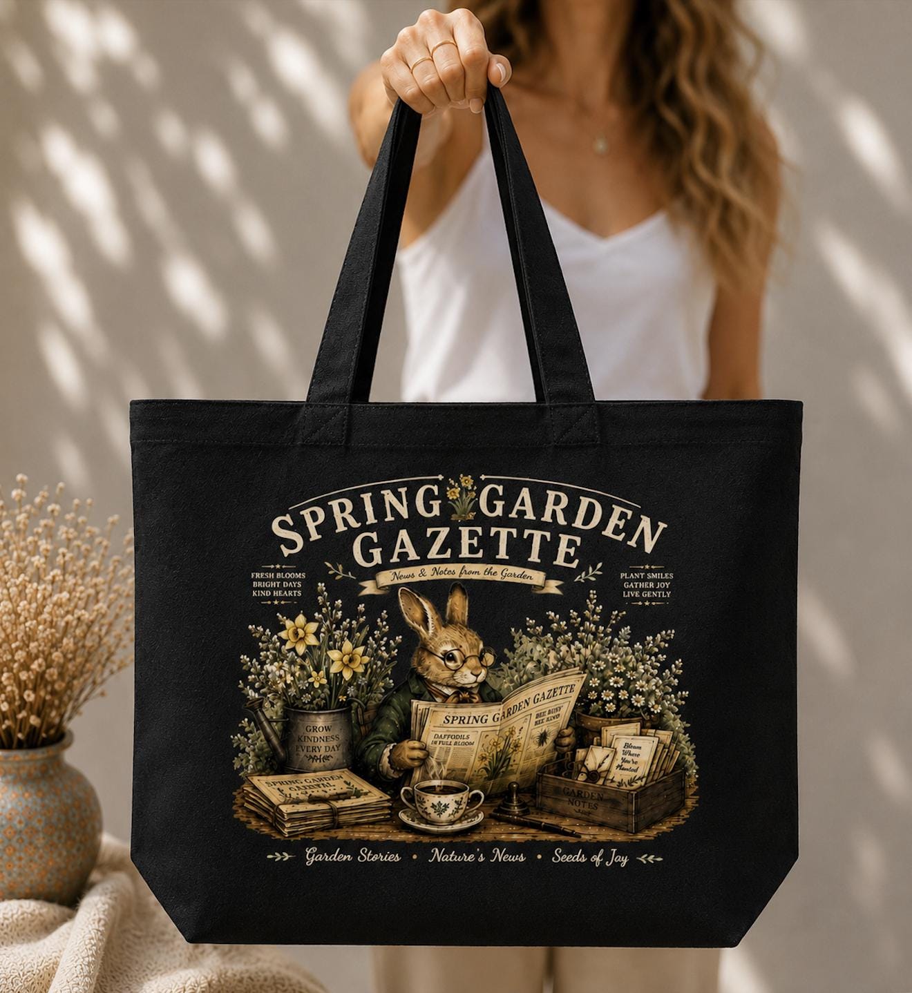Spring Garden Gazette Canvas Tote Bag, Rabbit Garden Tote, Cottagecore Bunny Bag, Gardener Gift, Botanical Canvas Tote, Book Lover Gift