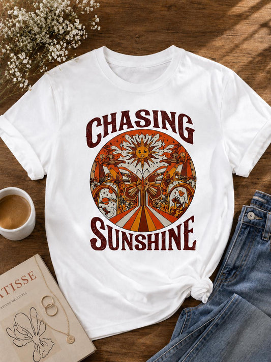 Chasing Sunshine Retro Graphic T-Shirt | Vintage Boho Sun Tee | Butterfly Graphic Shirt | Cottagecore Aesthetic Tee | Unisex Cotton T-Shirt