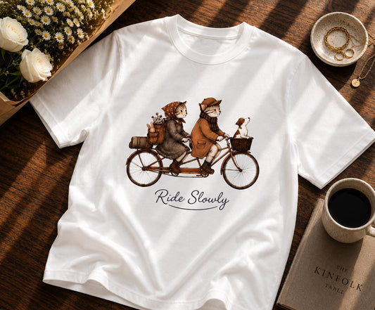 Ride Slowly Autumn Cat Bicycle Shirt, Cozy Fall Cat Lover T-Shirt, Cottagecore Animal Graphic Tee, Vintage Bicycle Unisex Shirt, Cute Cat Gi