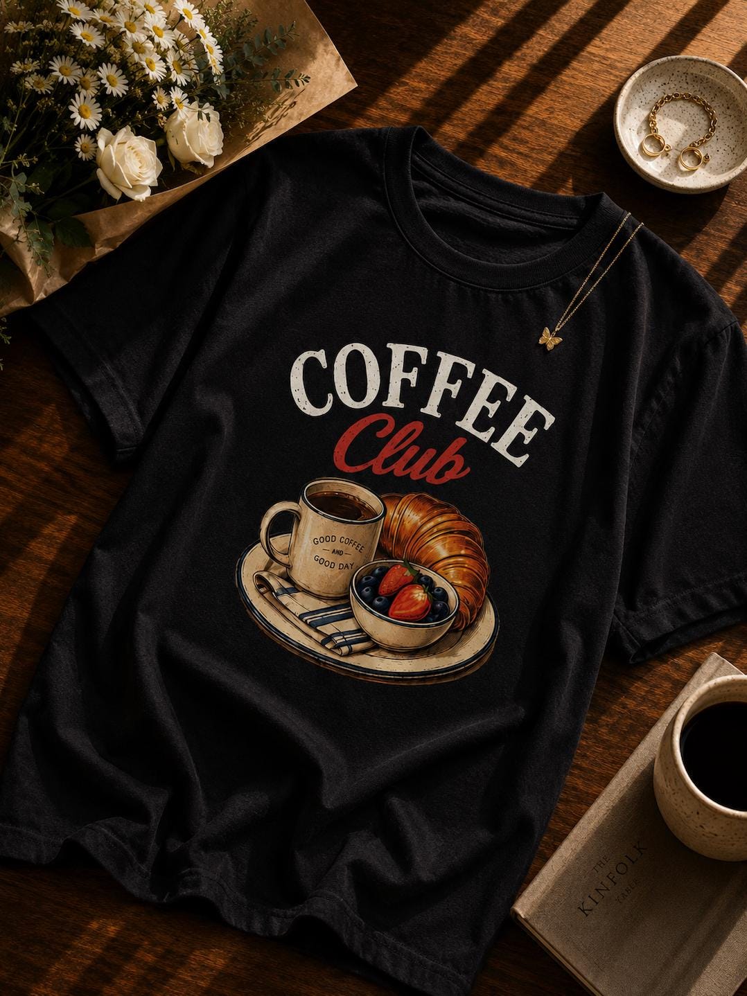 Coffee Club Graphic T-Shirt | Vintage Coffee & Croissant Tee | Brunch Lover Unisex Shirt | Café Foodie Graphic Tee