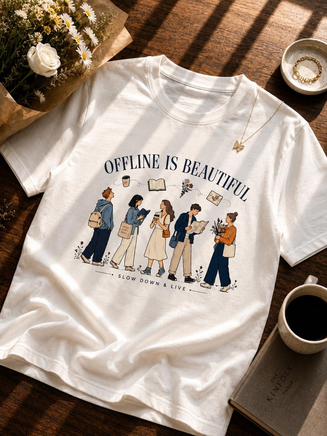Offline Is Beautiful Graphic T-Shirt | Slow Living Book Lover Tee | Cozy Coffee Reading Unisex Shirt | Digital Detox Gift