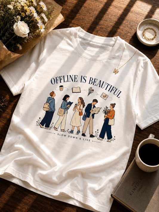 Offline Is Beautiful Graphic T-Shirt | Slow Living Book Lover Tee | Cozy Coffee Reading Unisex Shirt | Digital Detox Gift
