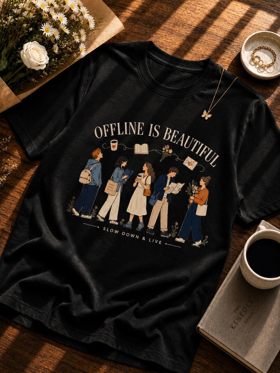 Offline Is Beautiful Graphic T-Shirt | Slow Living Book Lover Tee | Cozy Coffee Reading Unisex Shirt | Digital Detox Gift