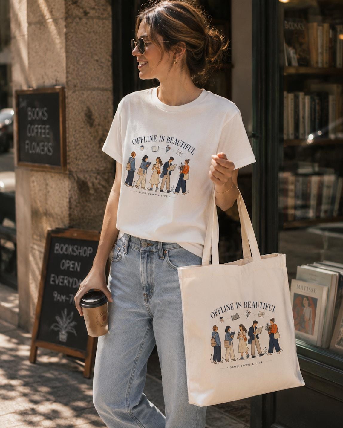 Offline Is Beautiful Graphic T-Shirt | Slow Living Book Lover Tee | Cozy Coffee Reading Unisex Shirt | Digital Detox Gift