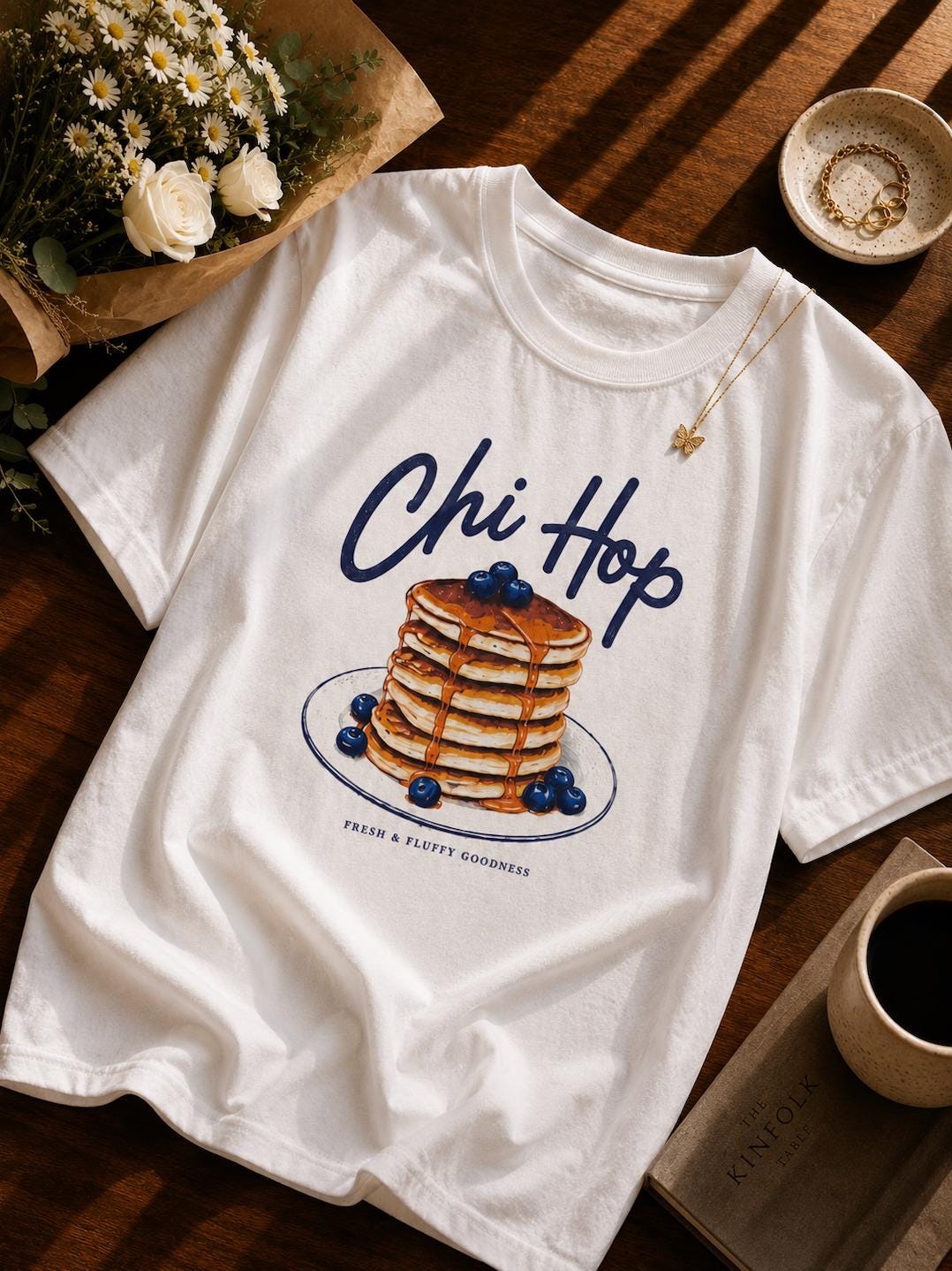 Vintage Pancake Graphic T-Shirt | Chi Hop Blueberry Pancakes Breakfast Tee | Funny Brunch Food Lover Gift | Unisex Cotton Shirt