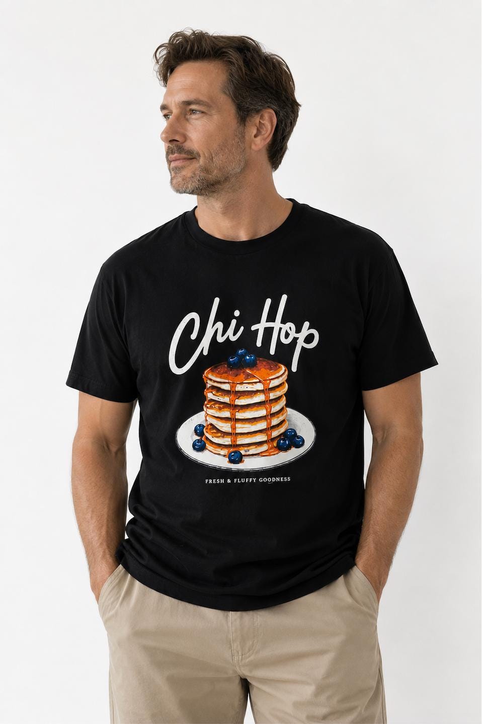 Vintage Pancake Graphic T-Shirt | Chi Hop Blueberry Pancakes Breakfast Tee | Funny Brunch Food Lover Gift | Unisex Cotton Shirt