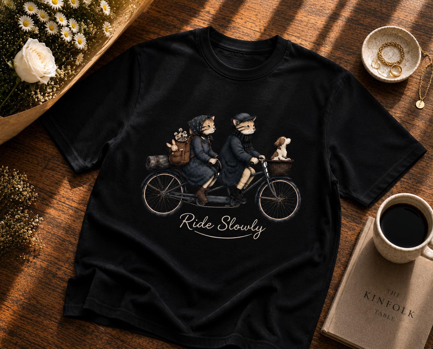 Ride Slowly Cat Bicycle Graphic T-Shirt | Cute Vintage Cat Lover Unisex Tee