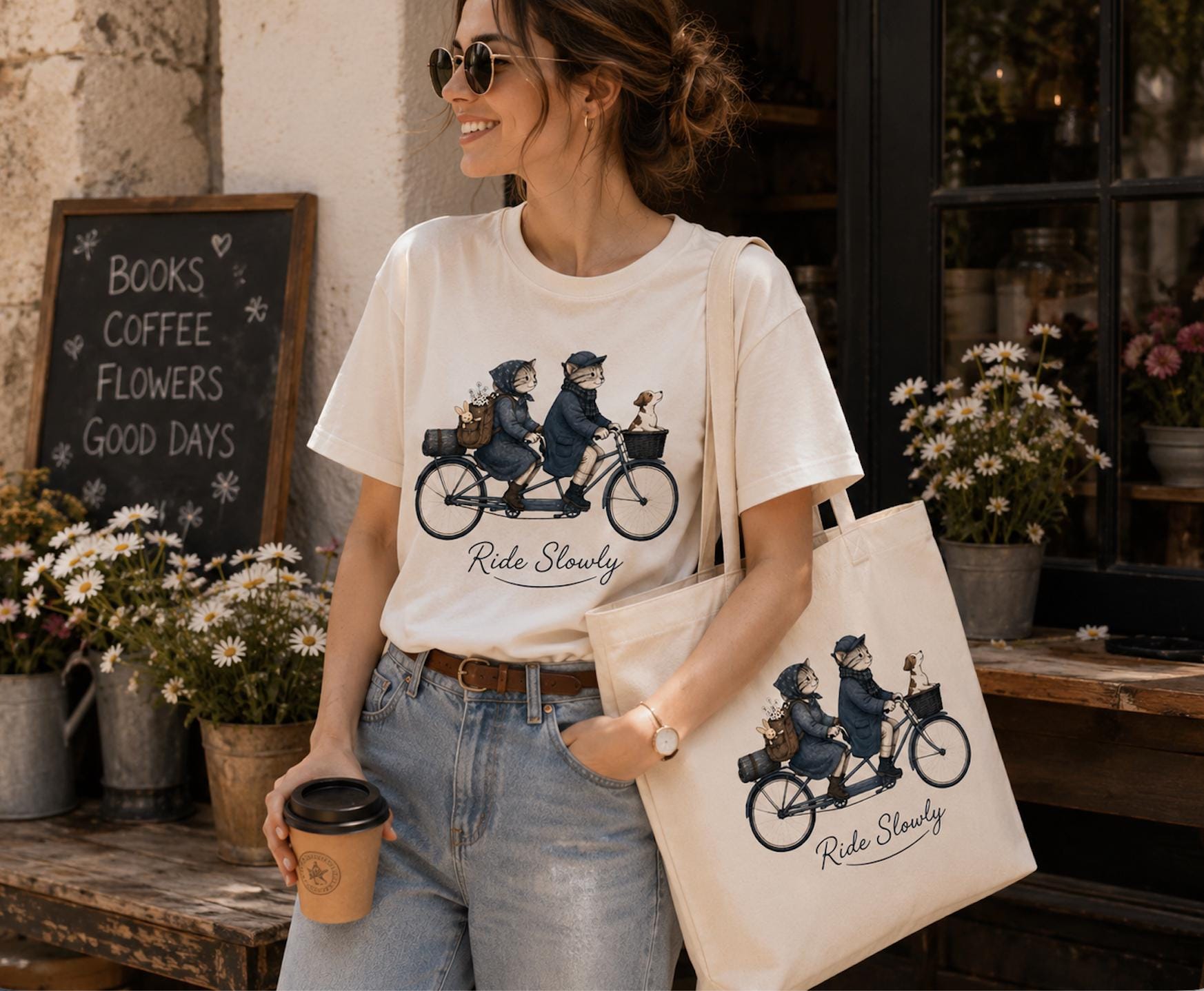 Ride Slowly Cat Bicycle Graphic T-Shirt | Cute Vintage Cat Lover Unisex Tee