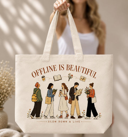 Offline Is Beautiful Canvas Tote Bag, Slow Living Tote, Book Lover Cotton Bag, Digital Detox Market Tote, Mindful Lifestyle Gift for Readers