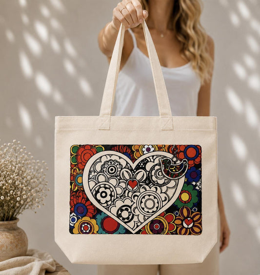 Colorful Heart Canvas Tote Bag – Floral Folk Art Cotton Tote | Boho Love Graphic Reusable Shopping Bag