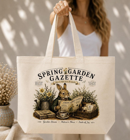 Spring Garden Gazette Canvas Tote Bag, Rabbit Garden Tote, Cottagecore Bunny Bag, Gardener Gift, Botanical Canvas Tote, Book Lover Gift
