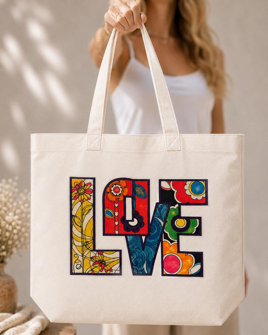 LOVE Floral Canvas Tote Bag | Colorful Cotton Tote | Boho Market Bag