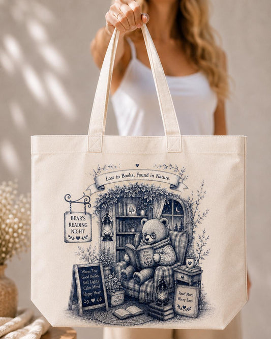 Book Lover Canvas Tote Bag | Cozy Reading Bear Book Tote | Cottagecore Library Gift