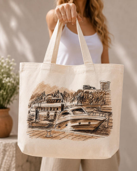 Coastal Marina Canvas Tote Bag | Luxury Yacht Beach Tote | Nautical Gift