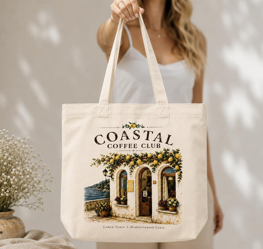 Coastal Coffee Club Canvas Tote Bag, Mediterranean Cafe Tote, Lemon Tree Market Bag, Coastal Cottage Tote, Coffee Lover Gift