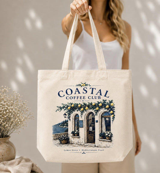 Coastal Coffee Club Canvas Tote Bag, Blue Coastal Tote, Mediterranean Cafe Bag, Seaside Coffee Lover Gift, Cotton Market Tote