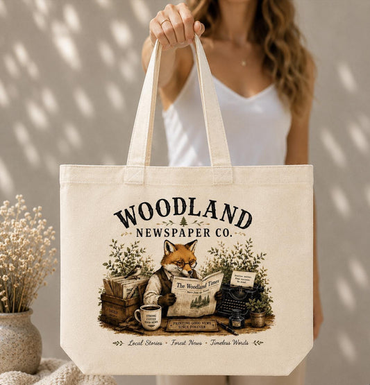 Woodland Newspaper Co Canvas Tote Bag, Fox Book Lover Tote, Cottagecore Forest Tote, Vintage Reading Bag, Woodland Animal Gift