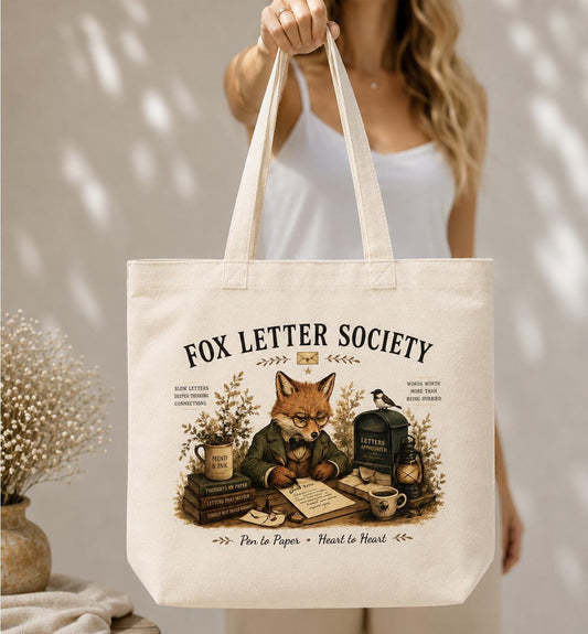 Fox Letter Society Canvas Tote Bag, Pen Pal Gift, Letter Writing Tote, Cottagecore Fox Tote, Stationery Lover Canvas Bag, Writer Gift