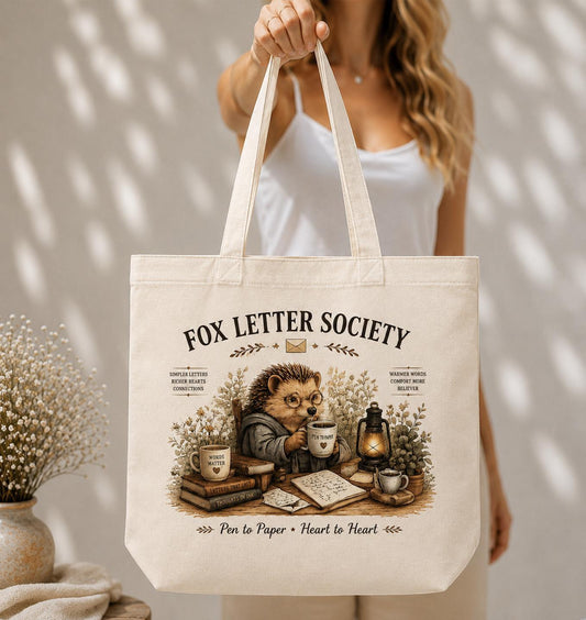 Fox Letter Society Canvas Tote Bag, Hedgehog Stationery Tote, Pen Pal Gift, Journal Lover Canvas Bag, Cottagecore Writer Gift