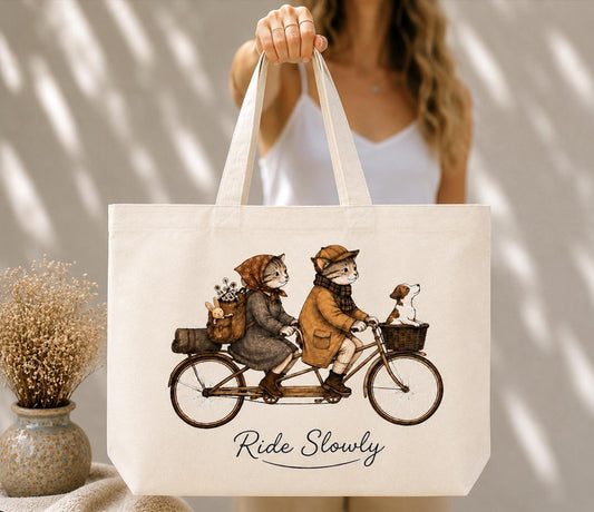 Ride Slowly Canvas Tote Bag, Autumn Cat Bicycle Tote, Cottagecore Cat Lover Bag, Vintage Tandem Bike Market Tote, Cute Animal Gift