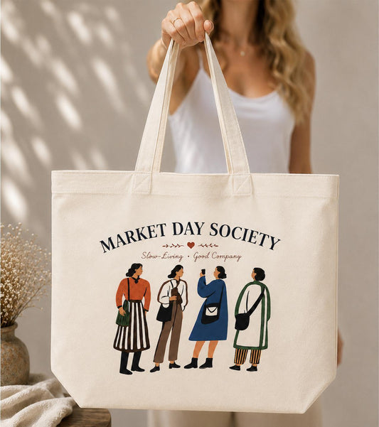 Market Day Society Canvas Tote Bag, Farmers Market Tote, Slow Living Cotton Bag, Grocery Shopping Tote, Cottagecore Market Bag Gift
